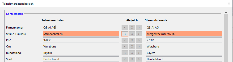 Participant data reconciliation view - before transfer: The street and house number are highlighted in red because the entries do not match. Participant data reconciliation view - before transfer: The street and house number are highlighted in red because the entries do not match.
