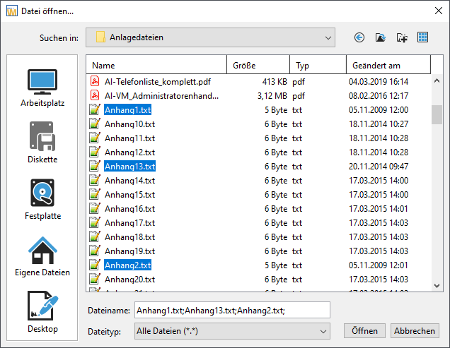 Multiple selection of files in the file selection dialog. In the example, several files are selected. Multiple selection of files in the file selection dialog. In the example, several files are selected.