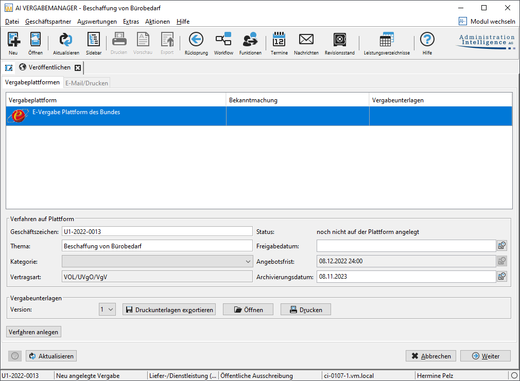 Selection window for publication. Publishing on the federal e-procurement platform is selected. Selection window for publication. Publication on the federal e-award procedures platform is selected.