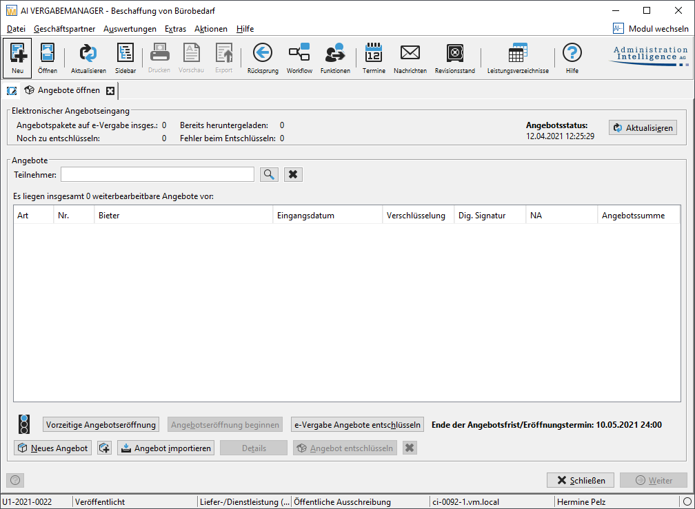 Tender opening dialog with e-award procedure connection. Tender opening dialog with e-award procedure connection.