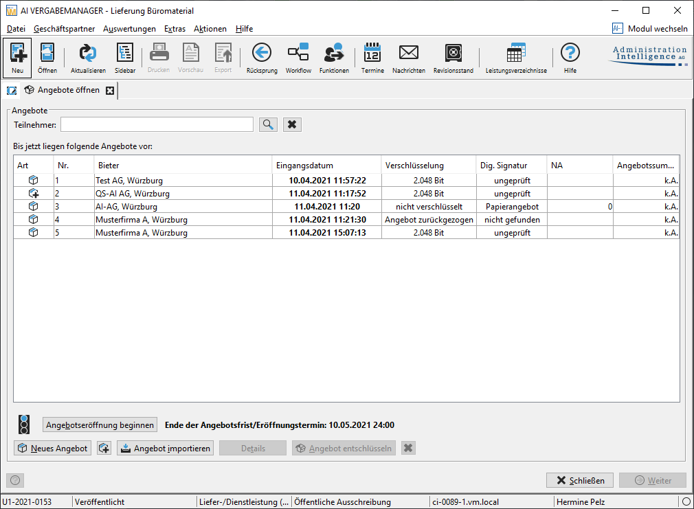 Opening tenders: example view before opening tenders with various offers. Opening tenders: example view before opening tenders with various offers.