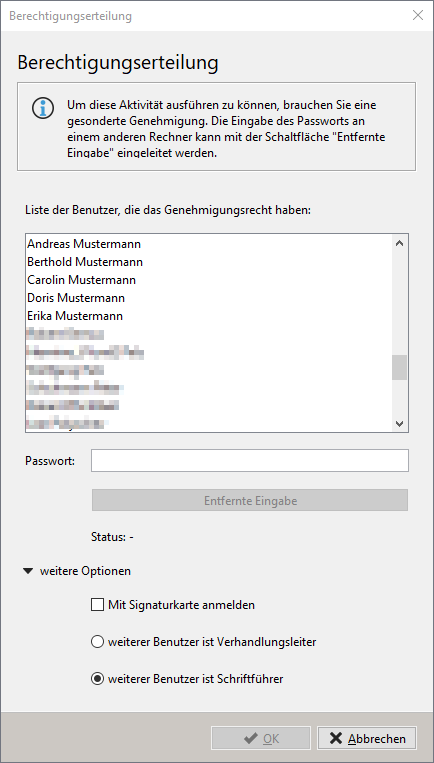 Opening an offer – Authorization. A list of persons with the appropriate authorization is visible and can be selected. Opening an offer – Authorization. A list of persons with the appropriate authorization is visible and can be selected.