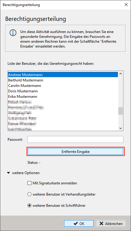 Offer opening – authorization with remote input. The ‘Remote Input’ field is outlined in red for authorization by remote users. Opening of tenders – authorization with remote input. The "Remote Input" field is outlined in red for authorization by remote users.
