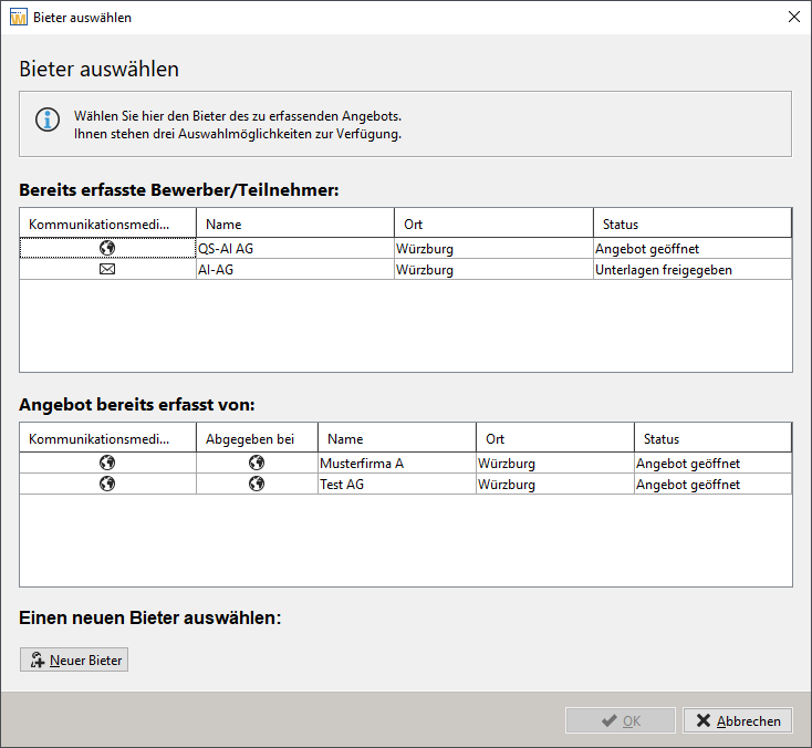 Registering offers – Selecting bidders. The upper list shows bidders already registered, the lower list shows offers that have already been registered. Registering offers – Selecting bidders. The upper list shows bidders already registered, the lower list shows offers that have already been registered.