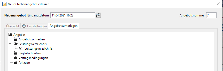Entering a variant without a main offer. Select the bill of quantities in the offer documents. Entering a variant without a main offer. Selecting the bill of quantities in the offer documents.