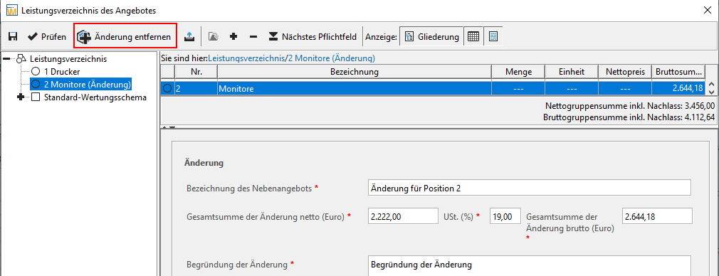 Bill of quantities for the secondary offer without the main bid. Changes can be undone with ‘Remove changes.’ Bill of quantities for the secondary offer without the main bid. Changes can be undone with "Remove changes".