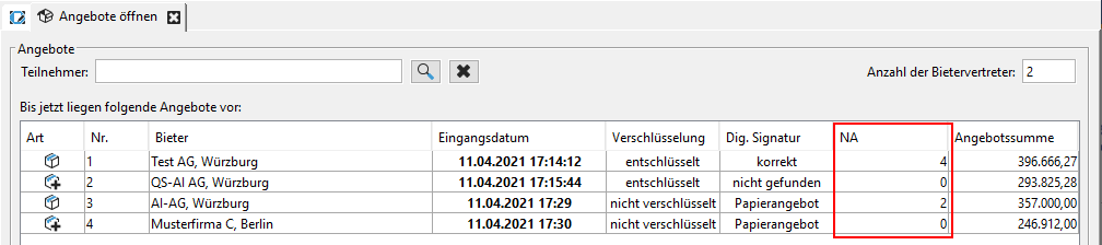 Offer opening for procedures with external bill of quantities. The NA column shows the number of secondary offers for each offer. Offer opening for procedures with external bill of quantities. The NA column shows the number of secondary offers for each offer.
