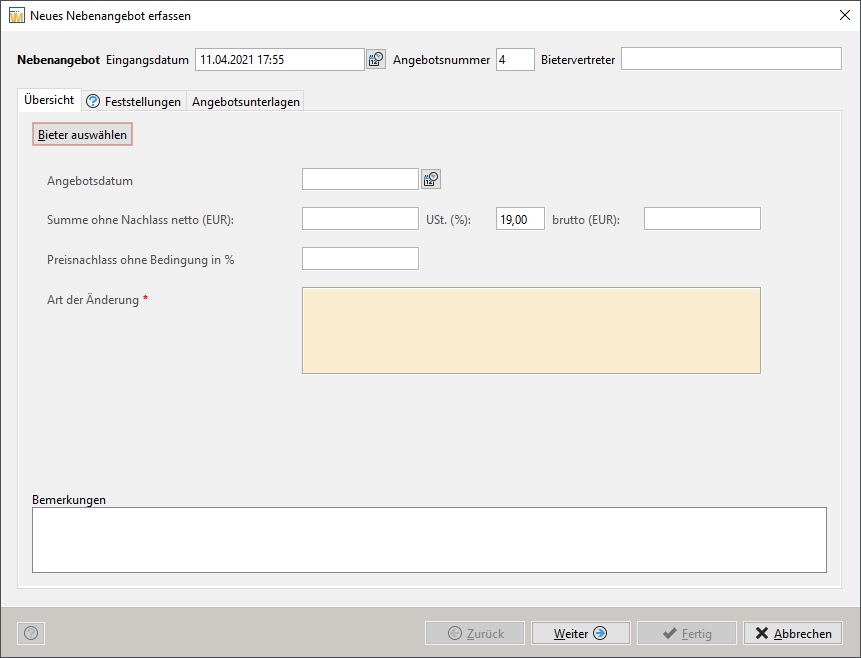 Input mask for recording a secondary offer without a main bid. The bidder must also be entered here. Input mask for recording a secondary offer without a main bid. The bidder must also be entered here.