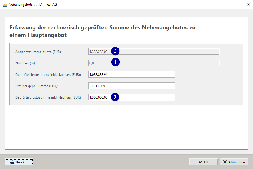 Arithmetical verification of the secondary offers – data entry. Various lines are marked with the numbers one to three. Arithmetical verification of the secondary offers – data entry. Various lines are marked with the numbers one to three.