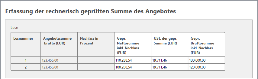 Mathematical check of the alternative offers without main offer with lot split, displayed in table form. Mathematical check of the alternative offers without main offer with lot split, displayed in table form.
