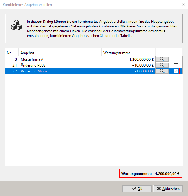 Combining alternative tenders – data entry. The tenders can be marked with a tick. Combining alternative tenders – data entry. The tenders can be marked with a tick.
