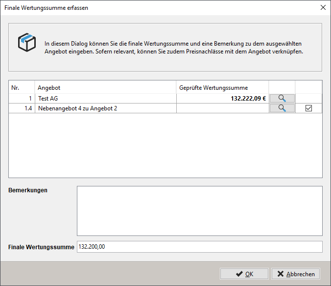 Input mask for entering the final evaluation sum for the selected offer. Input mask for entering the final evaluation sum for the selected offer.