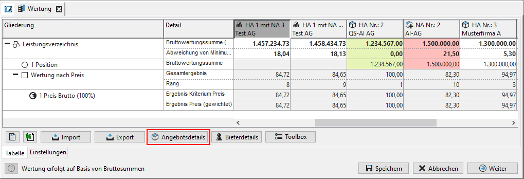 Evaluation matrix without lot split. ‘Offer details’ is outlined in red. Evaluation matrix without lot split. "Offer details" is outlined in red.