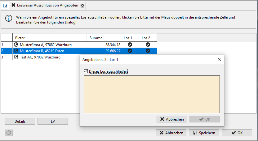 Lot-wise exclusion in which a tick can be set to exclude the lot. Lot-wise exclusion: Dialog window in which a tick can be set to exclude the lot.