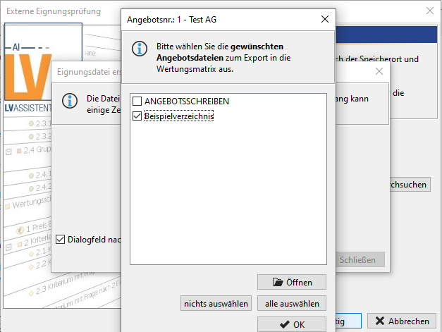 Dialog for selecting the offer documents to be exported Dialog for selecting the offer documents to be exported