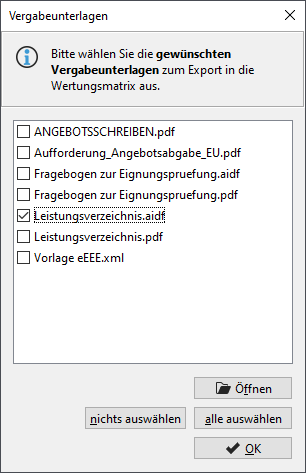 Selection dialog for exporting offer documents and offer files Selection dialog for exporting offer documents and offer files