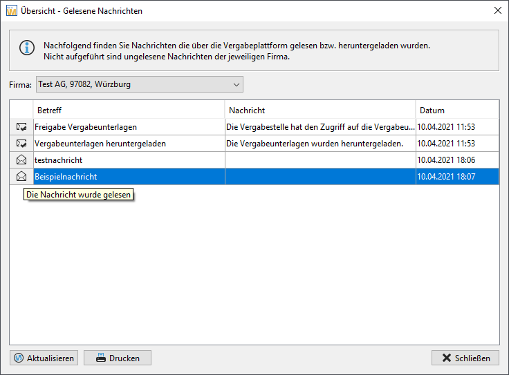 Overview of read messages of an electronic subscriber Overview of read messages of an electronic subscriber