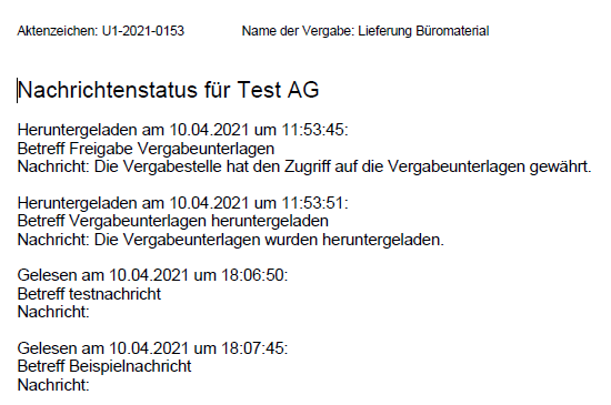 Message status - printout with the relevant message data. Message status - printout with the relevant message data