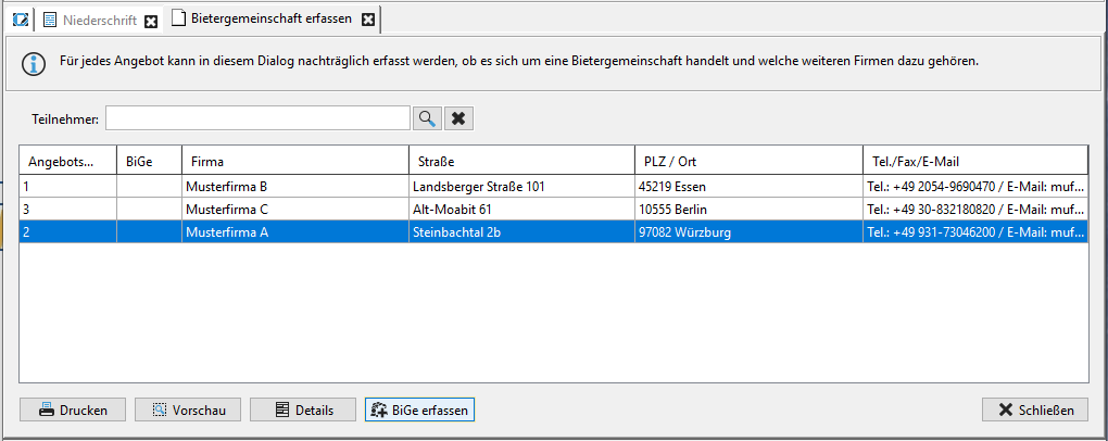 Create bidding consortium. The button for entering BiGe, short for bidding consortium, is outlined in red. Create bidding consortium. The button for entering BiGe, short for the German word for bidding consortium, is outlined in red.