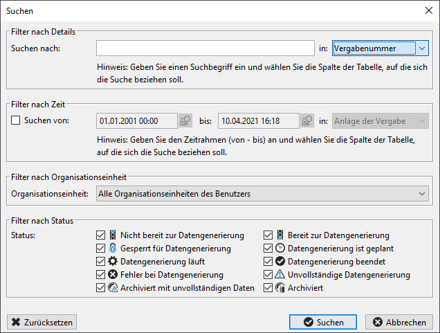 Advanced search options when archiving the award procedures. Advanced search options when archiving the award procedures.
