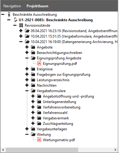 Project tree of a completed award procedure after archiving: Only contains revision statuses. Project tree of a completed award procedure after archiving: Only contains revision statuses.