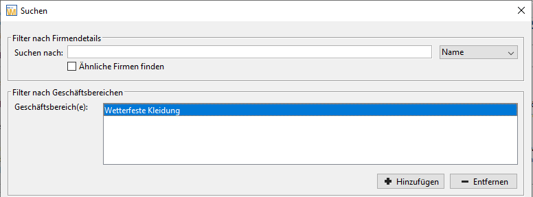 Advanced search in company master data. Business area contains the entry for "Weatherpoof Clothing". Advanced search in company master data. Business area contains the entry for "Weatherpoof Clothing".