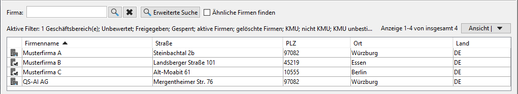 Result list of the hierarchical search of CPV codes in business areas. Four example companies were found. Result list of the hierarchical search of CPV codes in business areas. Four example companies were found.