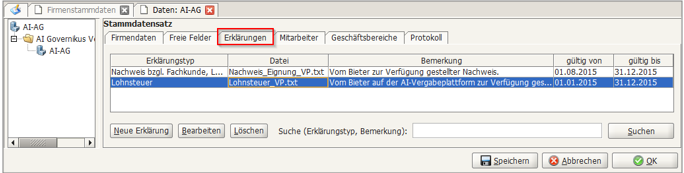 The "Declarations" tab of a sample company is highlighted in red. The "Declarations" tab of a sample company is highlighted in red.