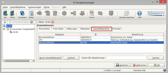 The "Business Sectors" tab of a sample company is highlighted in red. The "Declarations" tab of a sample company is highlighted in red.