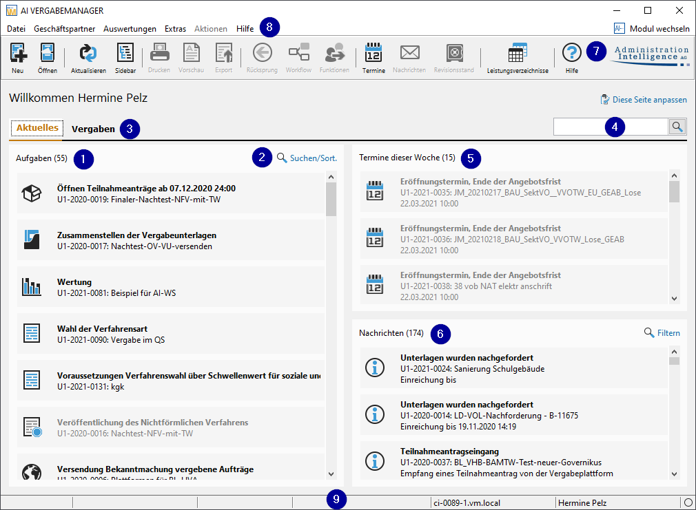 Example view of the AI TENDERING MANAGER. The various areas of the page are marked with numbers, which explain the functions of the respective area, field, etc. in the following. Example view of the AI Tendering Manager. The various areas of the page are marked with numbers, which explain the functions of the respective area, field, etc. in the following.