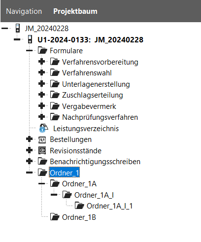 Section of the project tree of an award procedure. Several folders have been created in the award tree. The first folder contains a folder that is subdivided again with two further folders. Section of the project tree of an award procedure. Several folders have been created in the award tree. The first folder contains a folder that is subdivided again with two further folders.