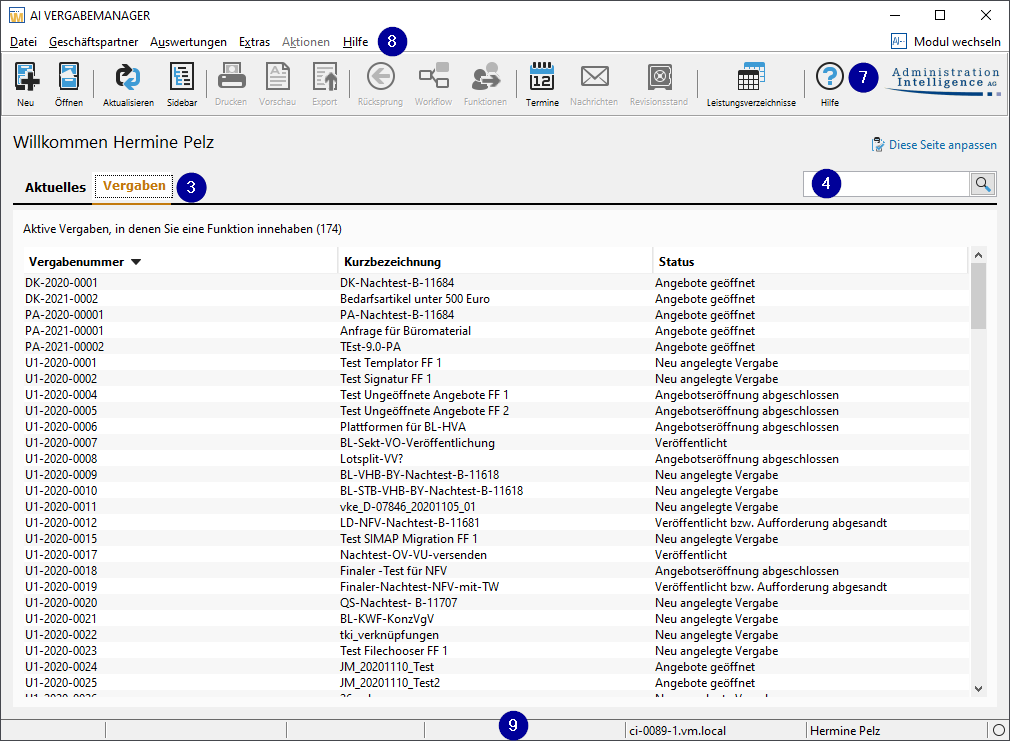 View of the overview page of the ‘Awards’ tab. Various exemplary procurement procedures are listed. View of the "Awards" tab of the overview page. Various exemplary procurement procedures are listed.