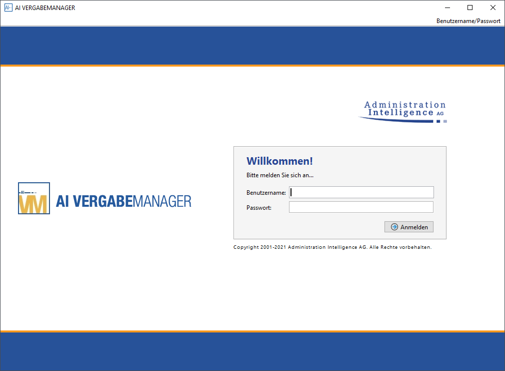View of the login dialog. There is an input field for the user name and one for the password. View of the login dialog. There is an input field for the user name and one for the password