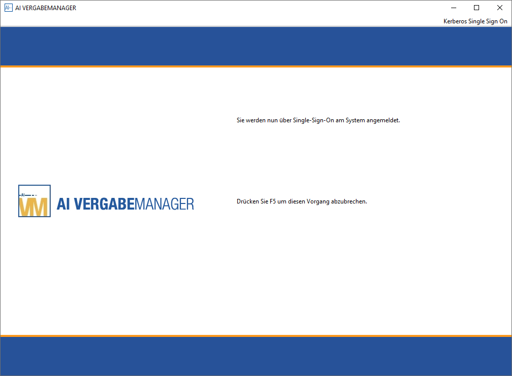 View of the login via Kerberos. In the variant with Kerberos, the user is logged in via single sign-on. The process can be canceled with the F5 key. View of the login via Kerberos. In the variant with Kerberos, the user is logged in via single sign-on. The process can be canceled with the F5 key