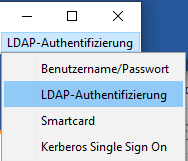 Selection dialog for the different logon processes. The following options are listed: Username and password, LDAP authentication, what is selected, smartcard and Kerberos Single-Sign-On. Selection dialog for the various login processes. The following options are listed: User name and password, LDAP authentication, what is selected, smart card and Kerberos single sign-on.