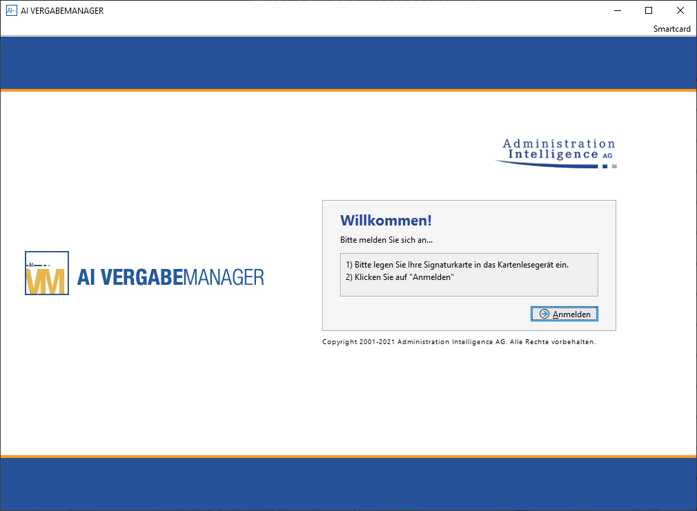 View of the login dialog with signature card. The login process is divided into two steps. First: Insert the signature card. Second: Click on the "Log in" button. View of the login dialog with signature card. The login process is divided into two steps. First: Insert the signature card. Second: Press the "Log in" button."